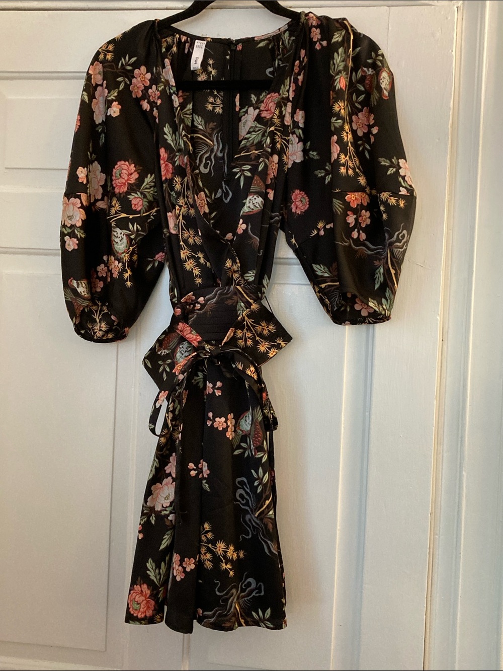 Mango Black Floral Wrap Mini Dress with Puff Sleeves, Size 2